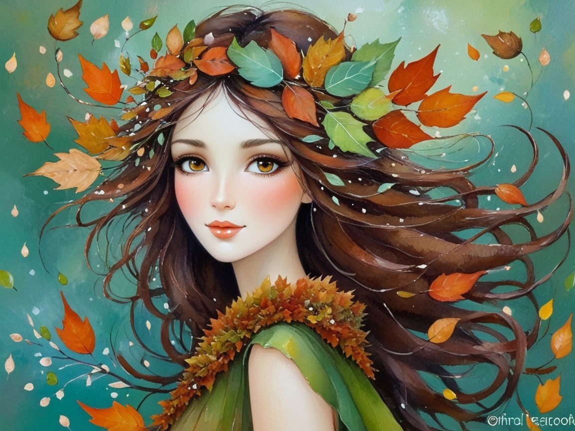 Young woman with autumn leaves in serene setting