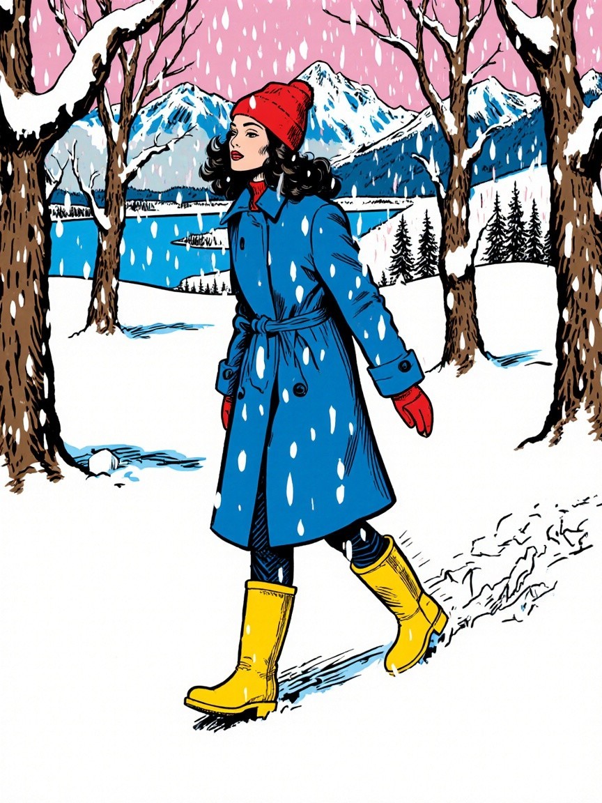 Woman in Colorful Attire in Snowy Winter Landscape