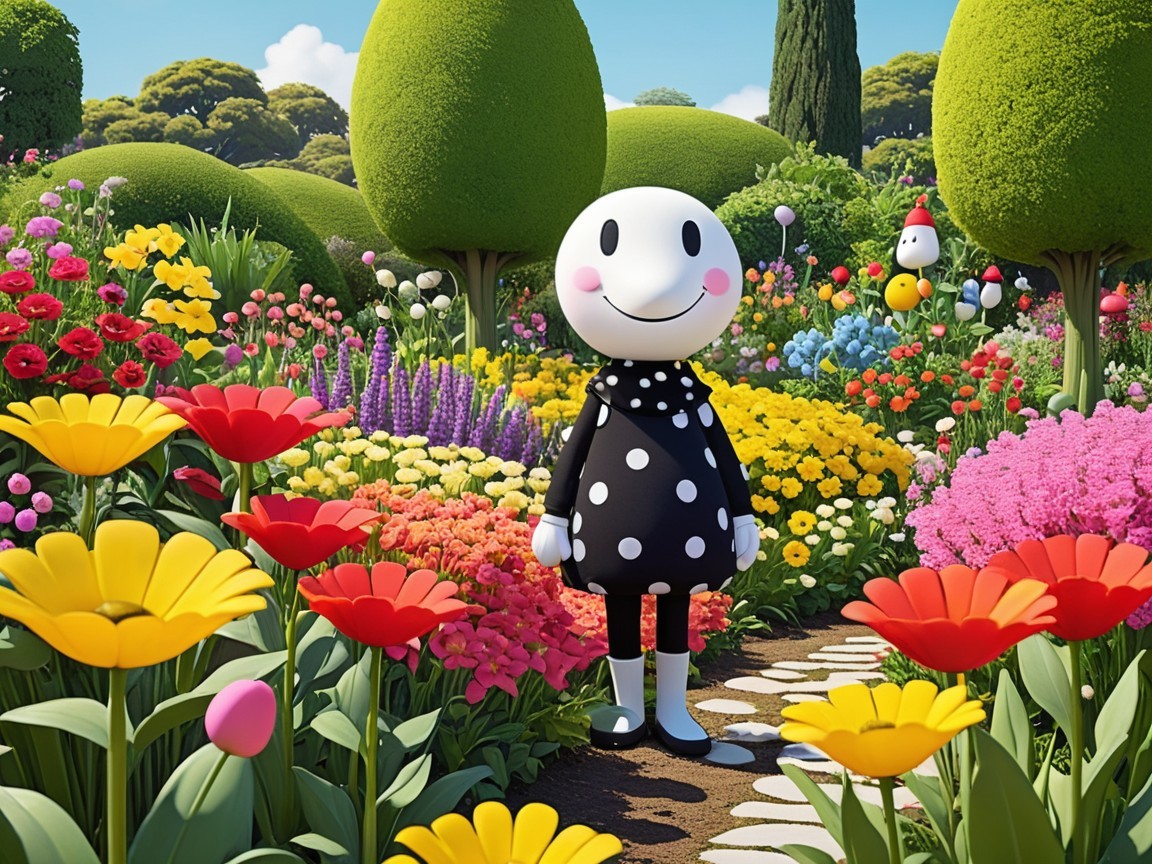 Cheerful Character in a Colorful Garden Setting