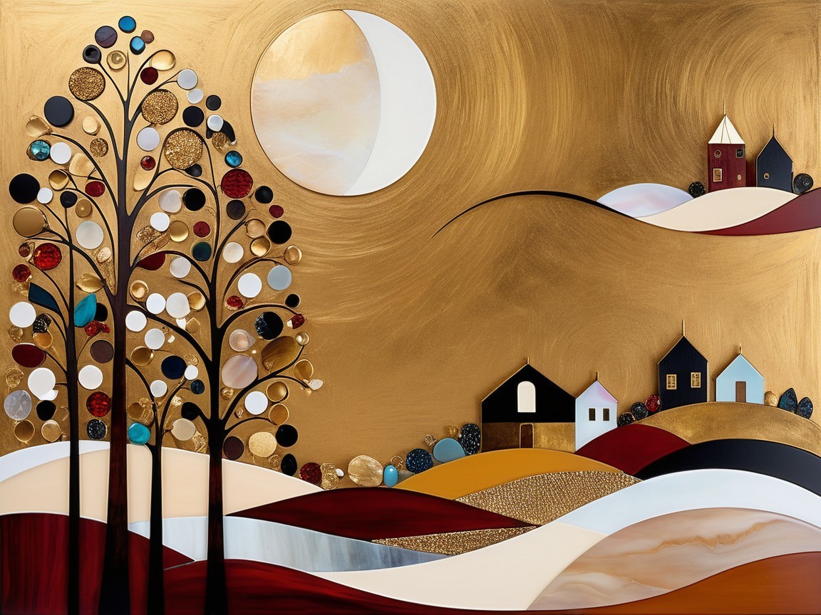 Whimsical Trees and Quaint Houses in Vibrant Landscape