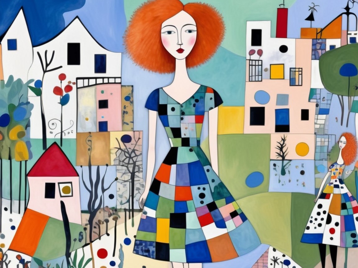 Whimsical Scene with Colorful Patchwork Dress and Landscape