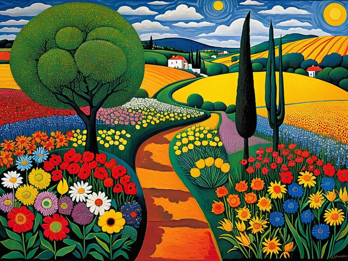 Vibrant Landscape with Winding Path and Colorful Flowers