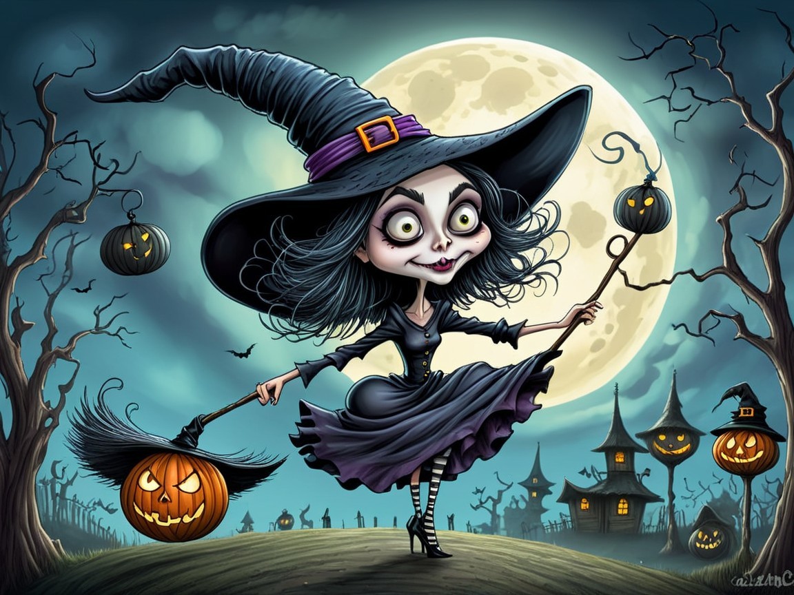 Whimsical Cartoon Witch in Halloween Setting