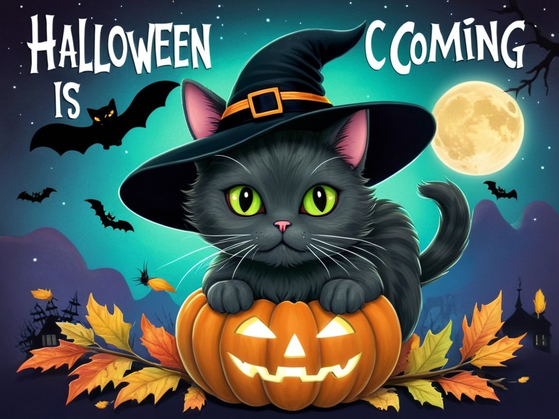 Black Cat in Witch Hat on Pumpkin in Halloween Scene