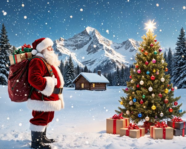 Santa Claus in a snowy landscape with Christmas tree