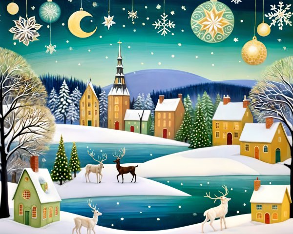 Winter Landscape with Colorful Houses and Reindeer