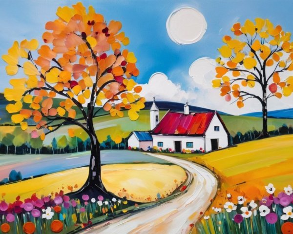 Vibrant countryside scene with cottage and autumn trees