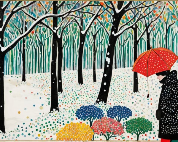 Whimsical Winter Scene with Colorful Umbrella and Flowers