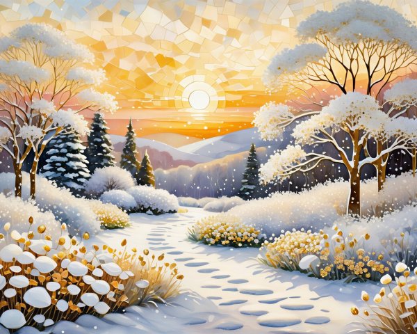 Winter Landscape with Snow-Covered Fields and Sunset