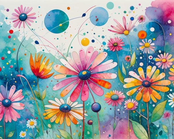 Vibrant Watercolor Painting of Colorful Flowers