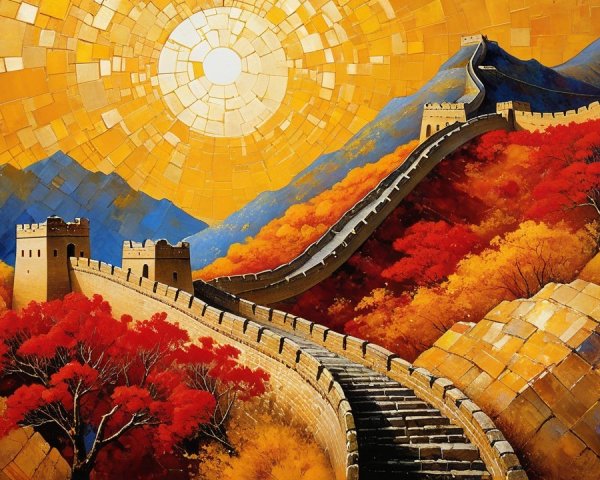 Vibrant Artwork of the Great Wall of China in Autumn