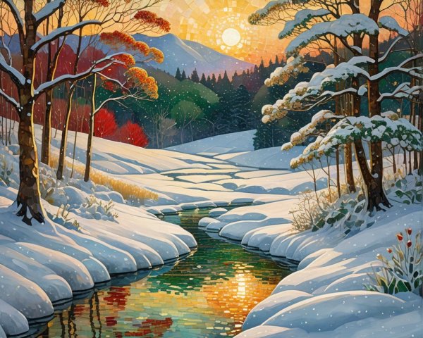 Serene Winter Landscape with Sunset and Snow-Covered Hills