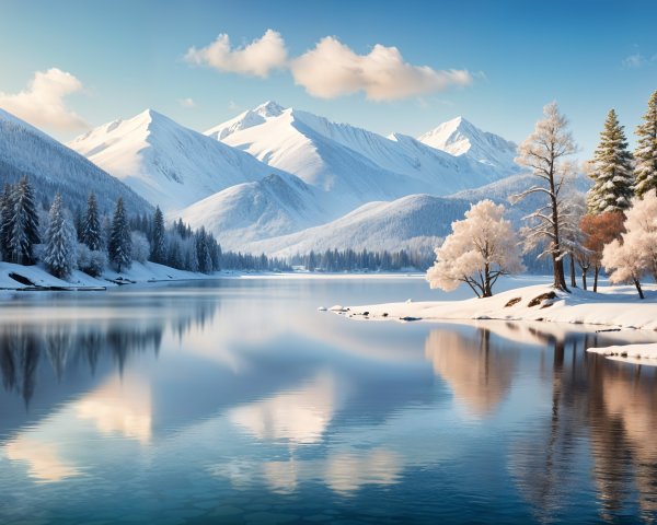 Serene Winter Landscape with Snow-Covered Mountains
