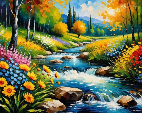 Vibrant Landscape with River and Colorful Flowers