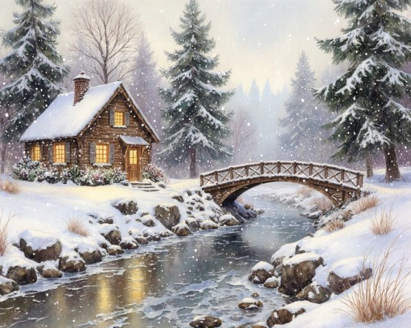 Cozy Cabin by a River in a Winter Landscape