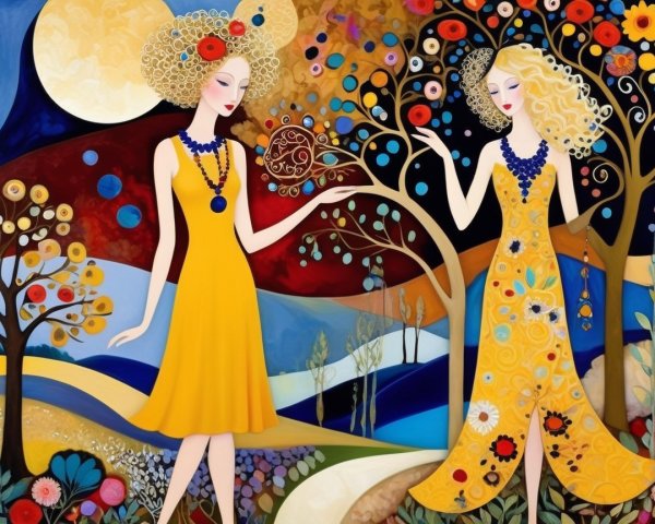 Elegant Women in Whimsical Colorful Landscape