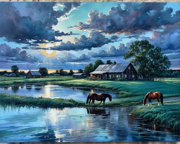 Horses Grazing by a Tranquil Pond at Sunset