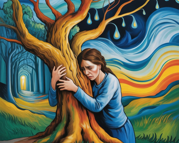 Woman in Blue Dress Embracing Twisted Tree in Art