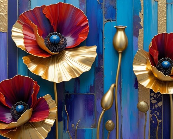 Vibrant Metallic Poppy Flowers on Textured Background