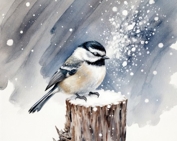 Small bird with black cap on snow-covered stump