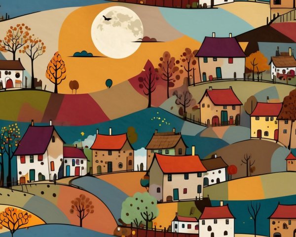 Whimsical Landscape with Colorful Houses and Moon
