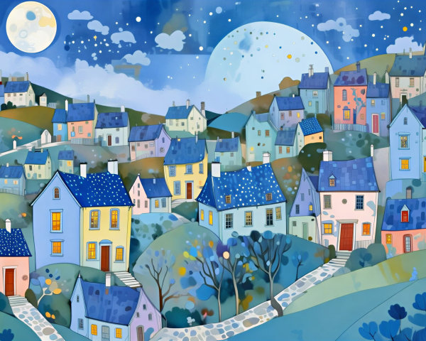 Whimsical Nighttime Village with Colorful Houses