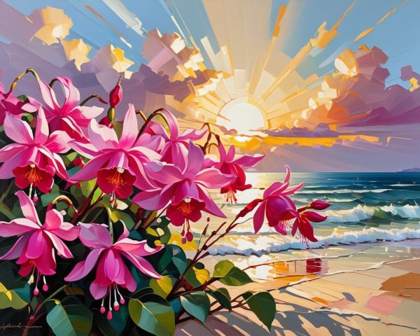 Sunrise Over Beach with Fuchsia Flowers and Waves