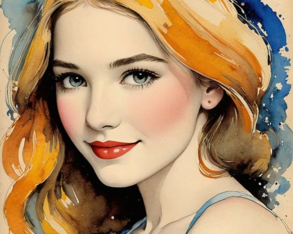Vibrant Watercolor Portrait of a Young Woman