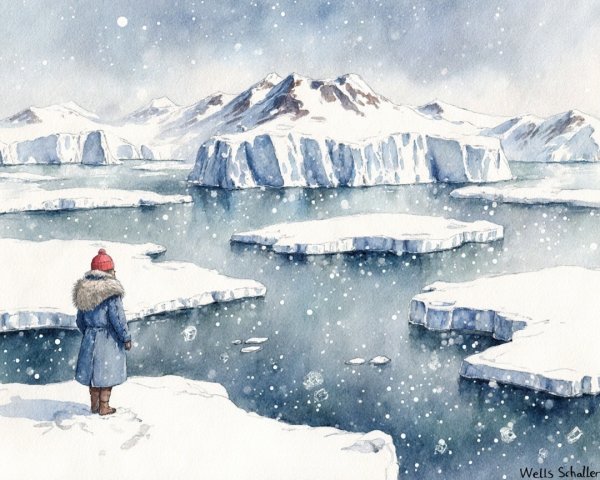 Serene winter scene with figure on icy shoreline