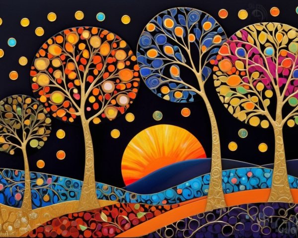 Abstract Landscape with Colorful Trees and Hills