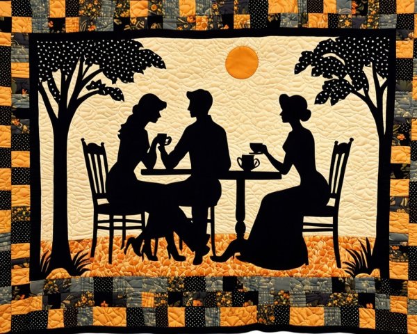 Quilt with Silhouette Design of Figures at Table