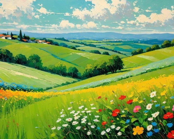 Vibrant Landscape with Green Hills and Wildflowers