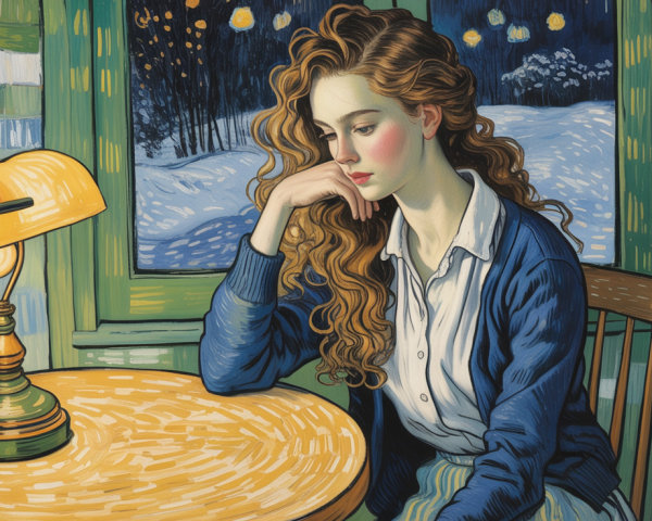 Young woman gazing out window in cozy winter setting