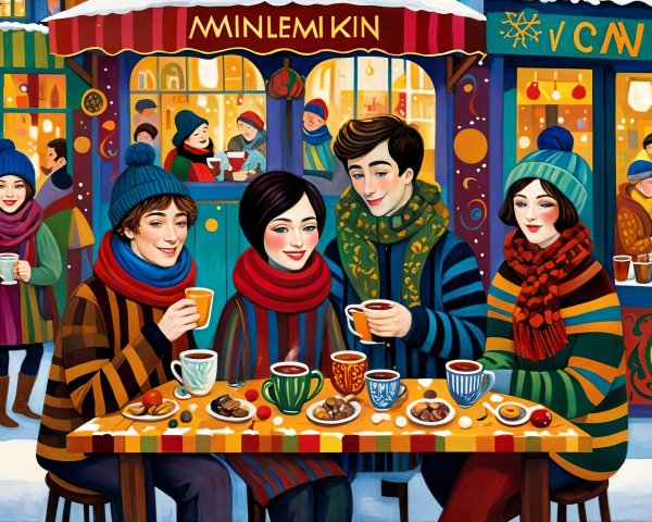 Winter Café Scene with Friends and Festive Decor