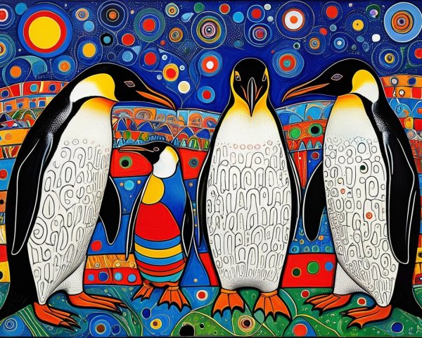 Abstract Artwork of Stylized Penguins on Colorful Background
