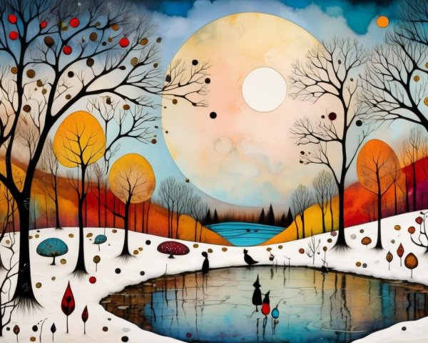 Winter Wonderland Scene with Moon and Leafless Trees
