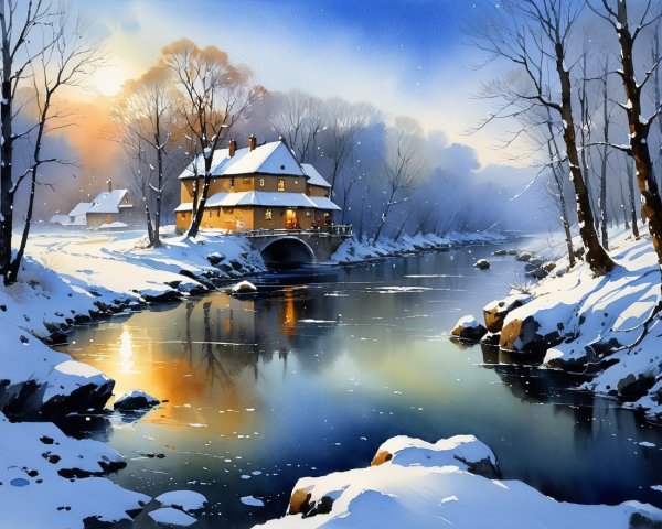 Winter Landscape with House by Flowing River