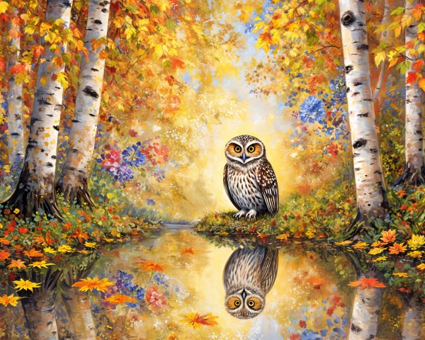 Autumn Landscape with Owl by Tranquil Pond