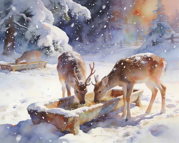 Winter Scene with Deer Feeding in Snowy Forest
