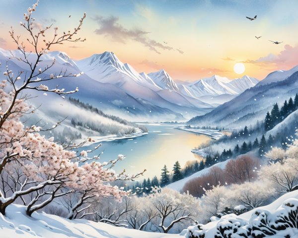 Serene winter landscape with snow-covered mountains