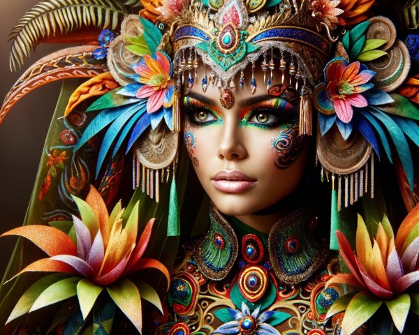 Portrait of a model in vibrant feathered headdress