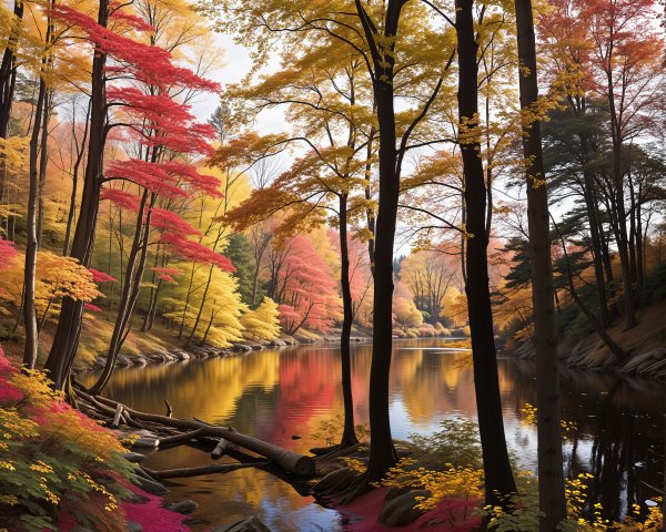 Vibrant Autumn Landscape with Calm River Reflection
