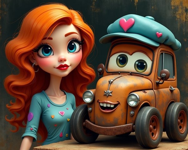 Whimsical Scene with Vibrant Woman and Vintage Car