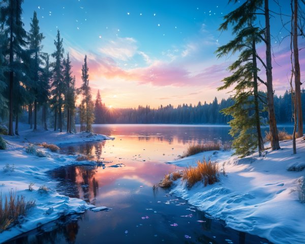 Serene Winter Landscape with Tranquil Lake and Sunset