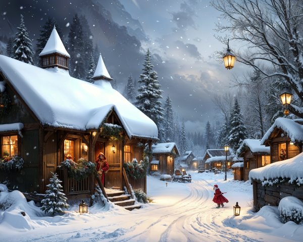Winter Village Scene with Snow and Cozy Cottages