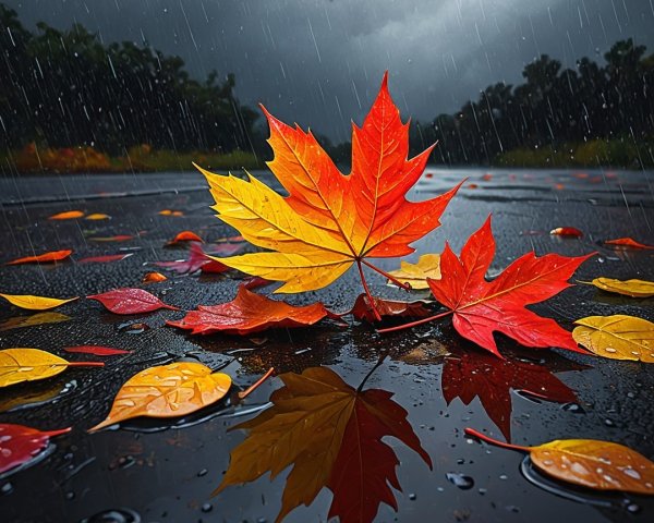 Autumn Leaves on Wet Surface with Raindrops and Clouds