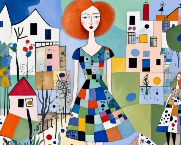 Whimsical Scene with Colorful Patchwork Dress and Landscape