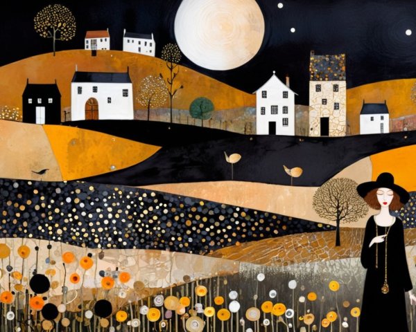 Whimsical Nocturnal Village Scene with Full Moon