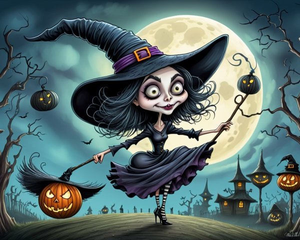 Whimsical Cartoon Witch in Halloween Setting