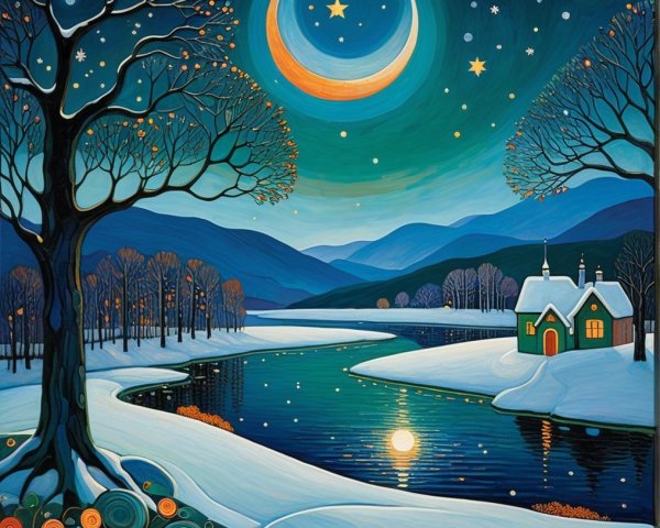 Cozy Green House in Serene Winter Landscape